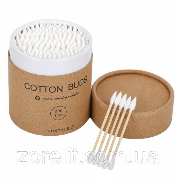 Ватні бамбукові палички Cotton Buds, 200 шт картонна кругла упаковка - Білі, фото 1
