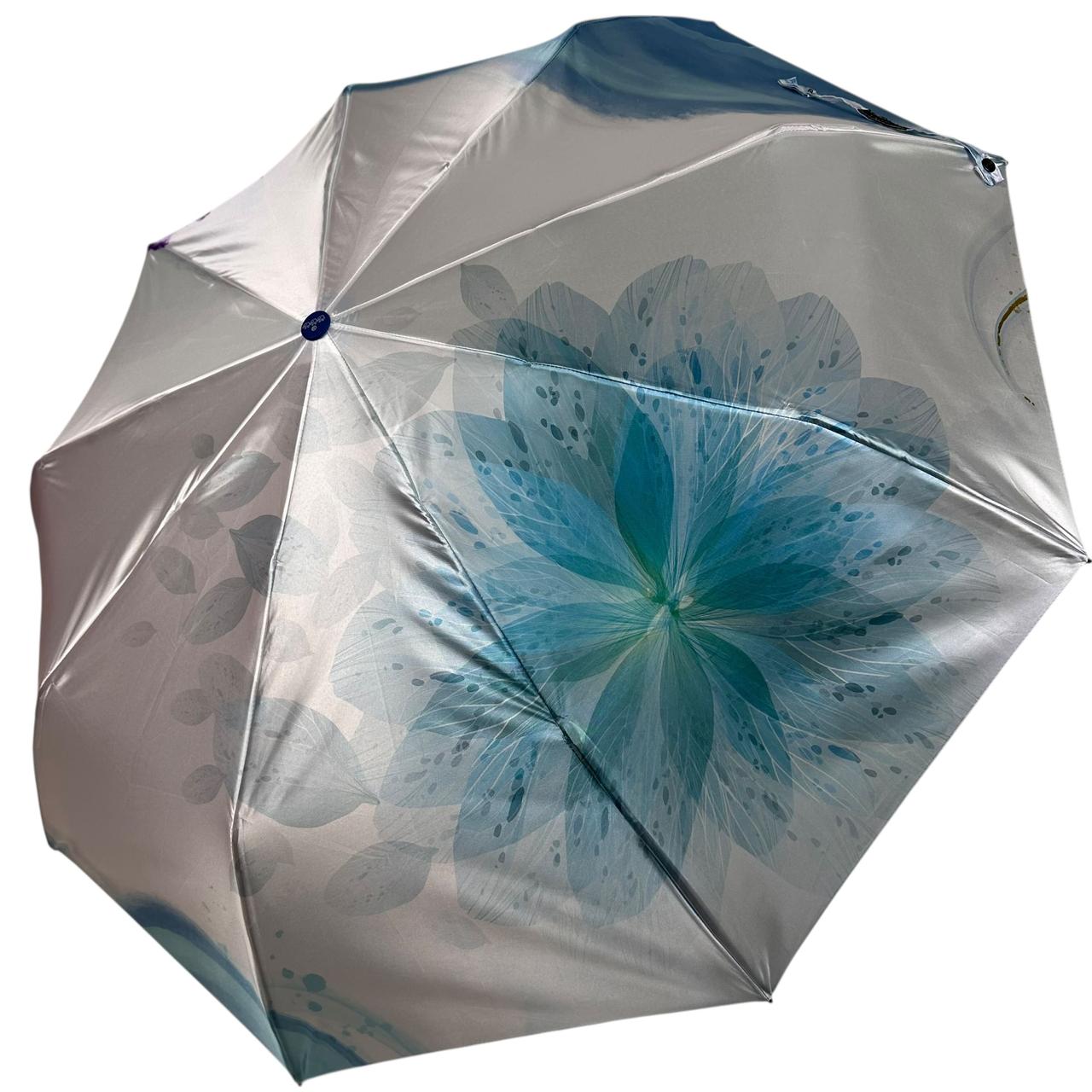 Жіноча парасоля напівавтомат Три Слона на 9+4+2 сегментних спиць сатиновий купол з квітами, ручка синя, TSL 0310-4