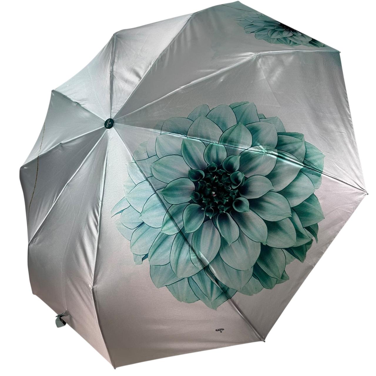 Жіноча парасоля напівавтомат Три Слона на 9+4+2 сегментних спиць сатиновий купол з квітами, ручка зелена, TSL 0310-5