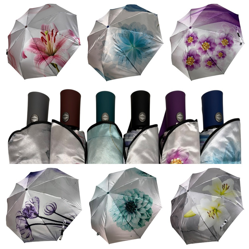 Оптом Жіноча парасоля напівавтомат Три Слона на 9+4+2 сегментних спиць сатиновий купол з квітами, TSL 310, фото 1
