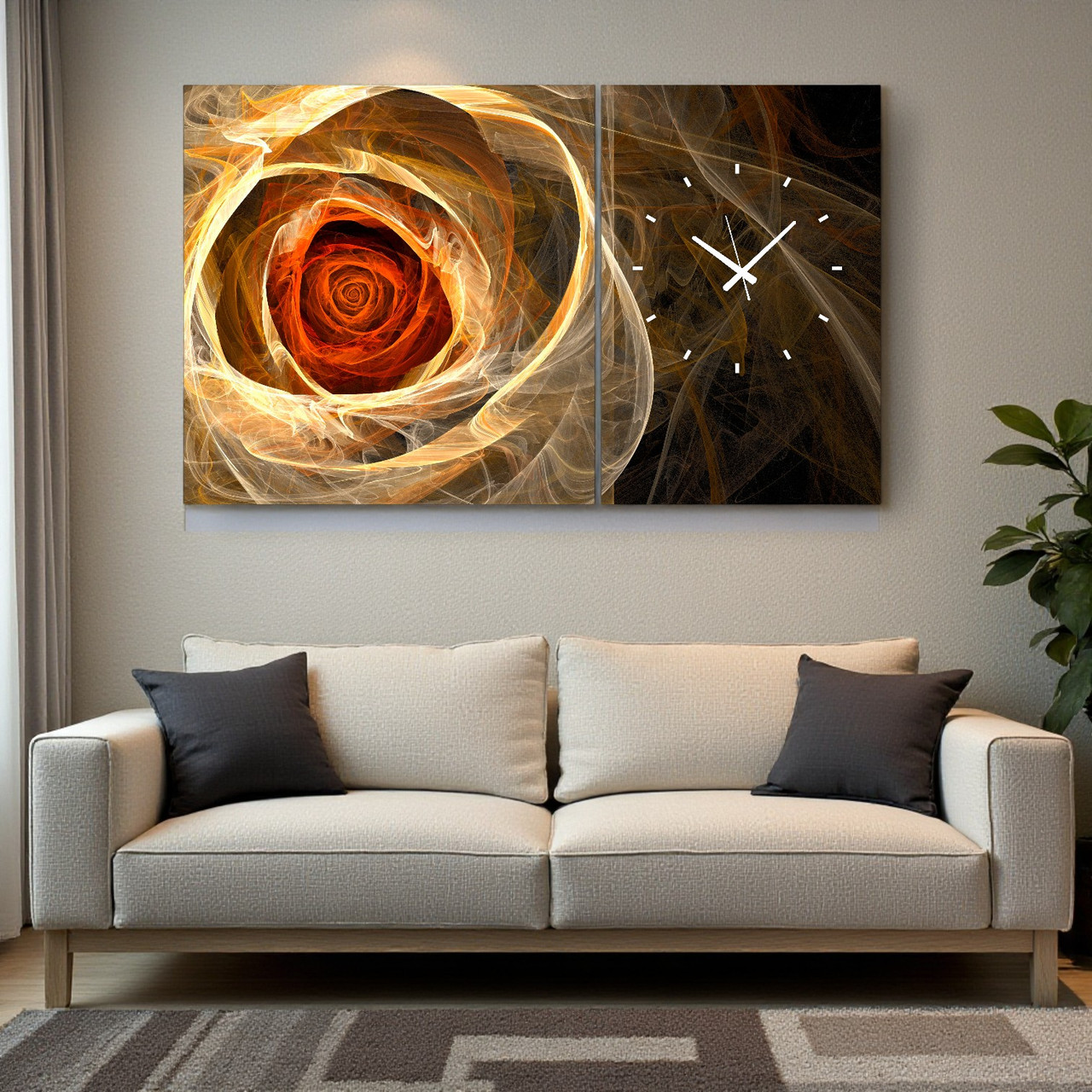 Модульна картина з годинником "Абстрактна квітка в теплих відтінках" Настінний декор для дому Безшумний годинник Друк 100х60 см, фото 1