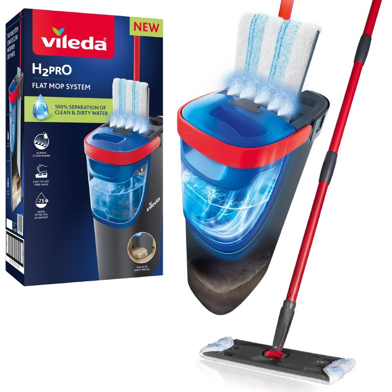 Плоска швабра Vileda H2prO Flat mop System (подвійний резервуар, мікрофібра, обертова головка 360°), фото 1