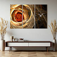 Картина з годинником модульна " Квітка у теплих тонах" Абстрактний настінний безшумний годинник Друк 90х60 см з 3х частин, фото 3