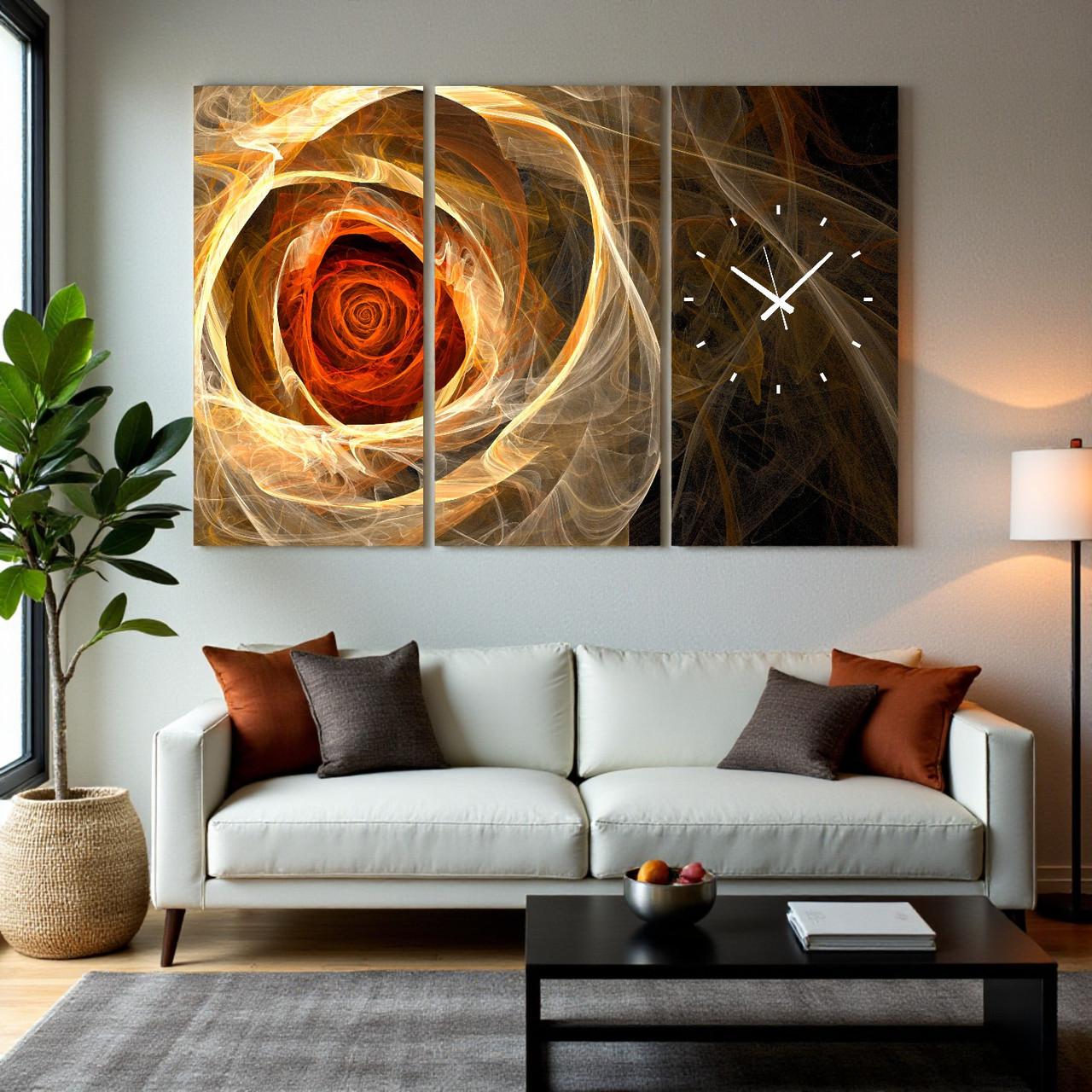 Картина з годинником модульна " Квітка у теплих тонах" Абстрактний настінний безшумний годинник Друк 90х60 см з 3х частин, фото 1