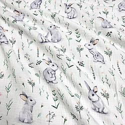 Двошаровий жатий муслін "Сірі зайчики та зелені гілочки", ширина 135 см