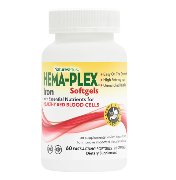 Комплекс із залізом ШВИДКОЇ ДІЇ Hema-Plex Natures Plus, 60 ГЕЛЕВИХ КАПСУЛ (Softgels), фото 1