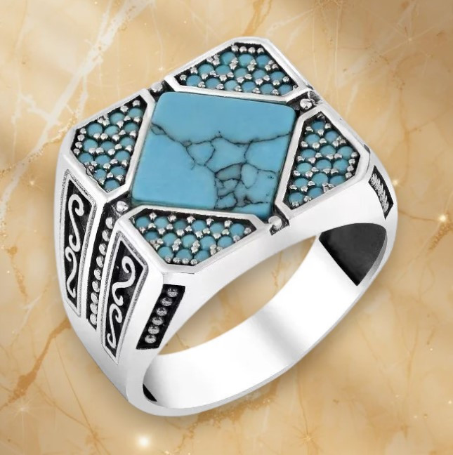 Перстень сріблястий чоловічий печатка з ромбовидним бірюзовим каменем та бірюзовими бусинами з візерунками 21.5 розмір IgnisFlos78, фото 1