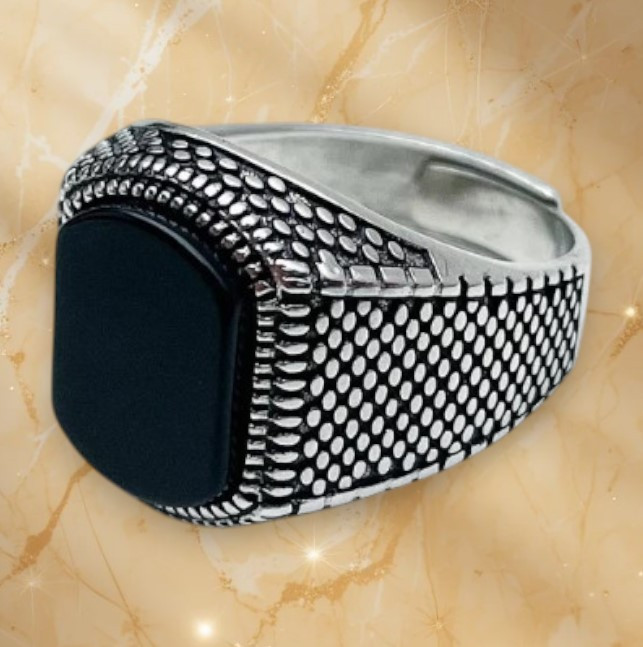 Перстень сріблястий чоловічий печатка з мозаїкою та чорним прямокутним фіанітом регульований 16-19 IgnisFlos582, фото 1