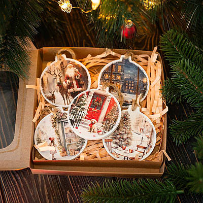 Набір із 5-ти ялинкових прикрас "Вінтажне Різдво"