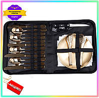 KI Набор посуды для пикника GET ONE на 4 персоны 24 предмета Золотистый кейс для кемпинга столовые при FIR41_R