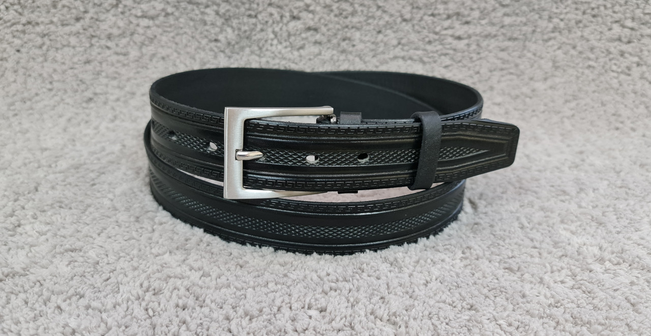 Чоловічий шкіряний ремінь Pride з візерунком чорний брючний 35мм