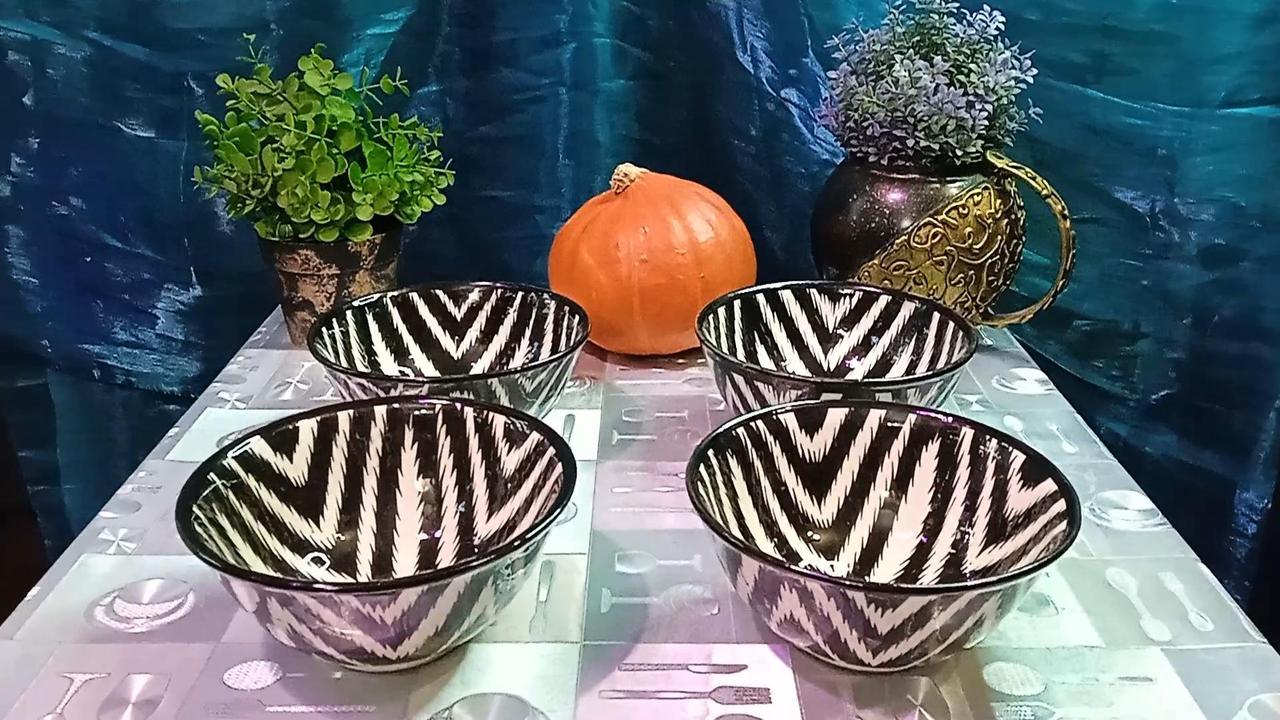 Узбецька глибока тарілка "Коса" ручної роботи, d = 16 см, з візерунком Атлас, ЧОРНОГО КОЛЬОРУ, Ріштан, фото 1