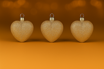 Набір великих ялинкових сердечок 11×9 см, 3 шт — новорічні прикраси з глітером, пластик Шампань