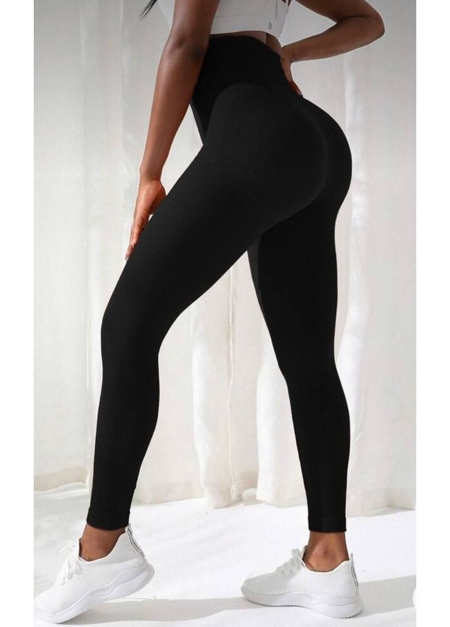 Чорні зимові теплі легінси в рубчику на хутрі висока посадка 44-48•50-54, фото 1