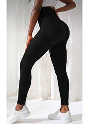 Чорні зимові теплі легінси в рубчику на хутрі висока посадка 44-48•50-54