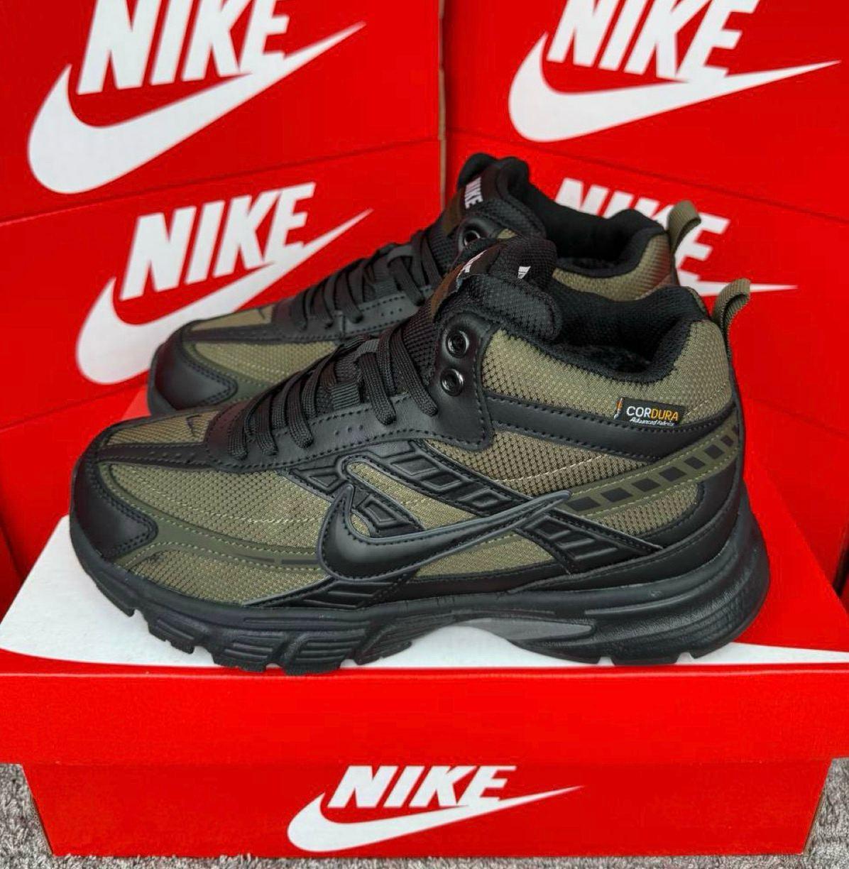 Чоловічі кросівки зимові Nike Initiator High Khaki Black Winter Fur Найк Ініціатор хакі чорні високі шкіра кордура хутро зима