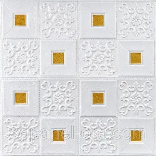 Самоклеюча 3D панель декоративна настінно-стельова біла фігури з жовтим квадратом 700х700х3.5мм, фото 1