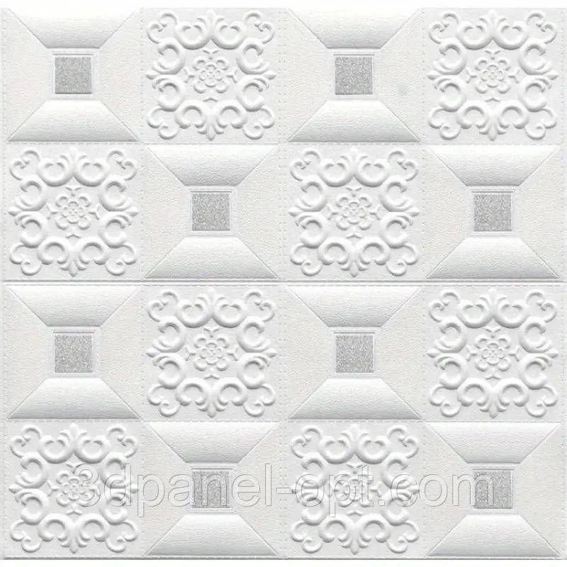 Самоклеюча 3D панель декоративна настінно-стельова біла фігури з сірими квадратами 700х700х3.5мм, фото 1