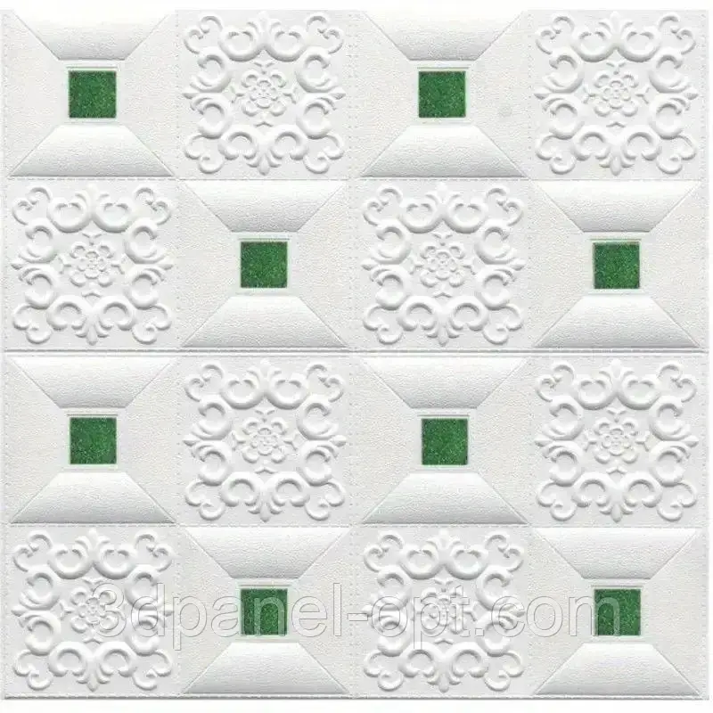 Самоклеюча 3D панель декоративна настінно-стельова біла фігури з зеленими квадратами 700х700х3.5мм, фото 1