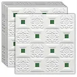 Самоклеюча 3D панель декоративна настінно-стельова біла фігури з зеленими квадратами 700х700х3.5мм, фото 3