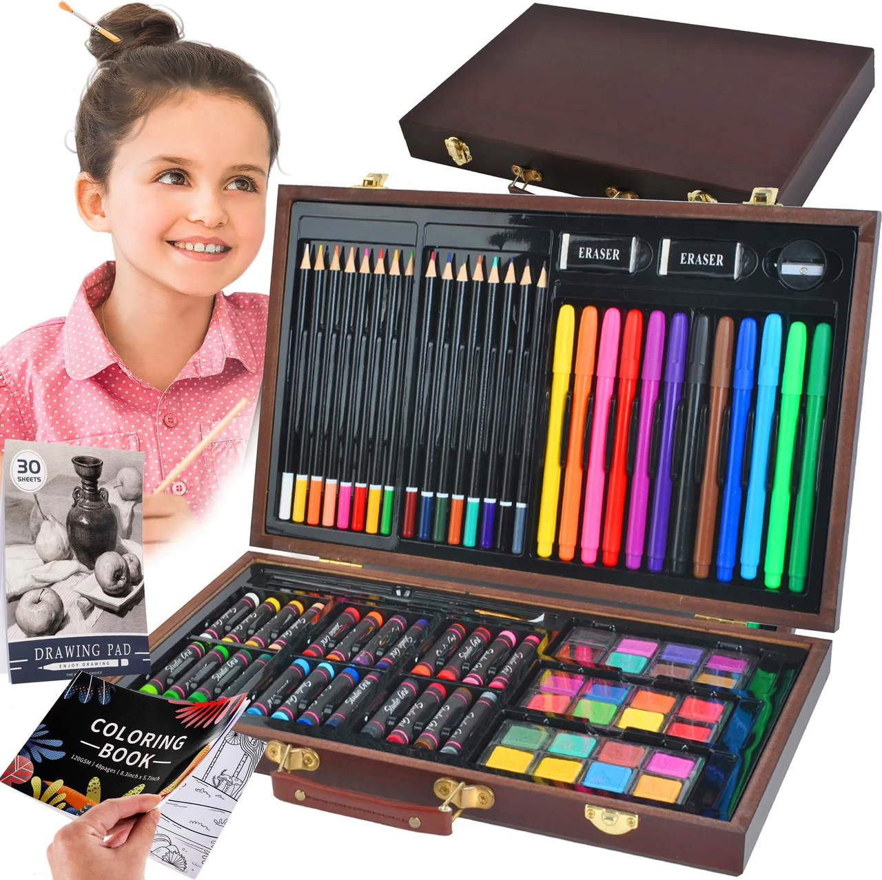 Набір для малювання Maaleo 6072 (81 предмет, дерев'яна валіза, акварельні фарби, пастель, маркери), фото 1