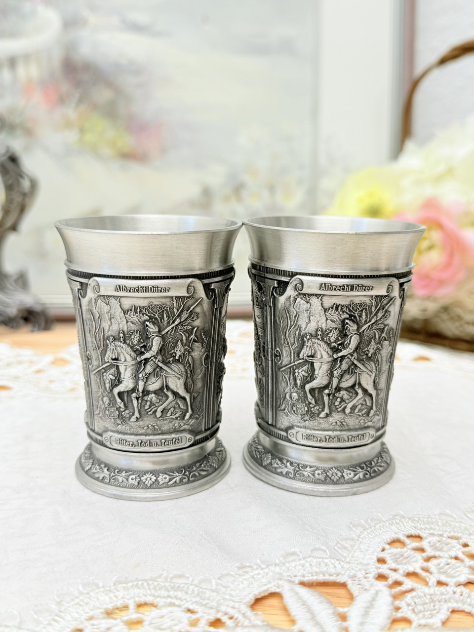 Два німецькі олов'яні келихи, харчове олово, Німеччина, 150 мл, Шедеври живопису, фото 1
