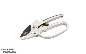 Секатор садовий MASTERTOOL з храповим механізмом 185 мм ручки AL+TPR лезо SK5+тефлон ковадло 14-6118