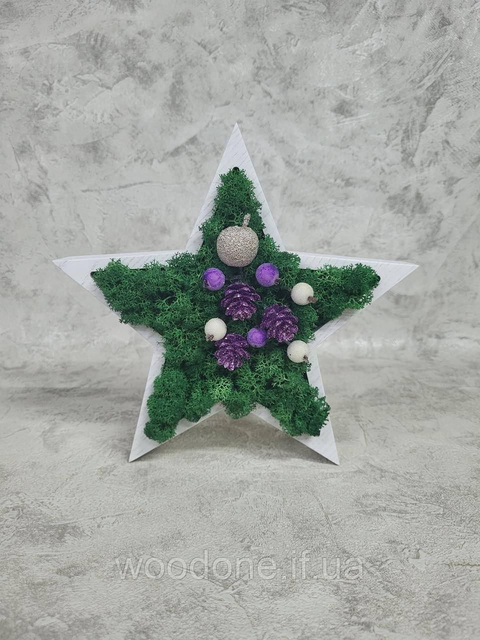 Декоративна зірка з натурального дерева та стабілізованого моху, фото 1