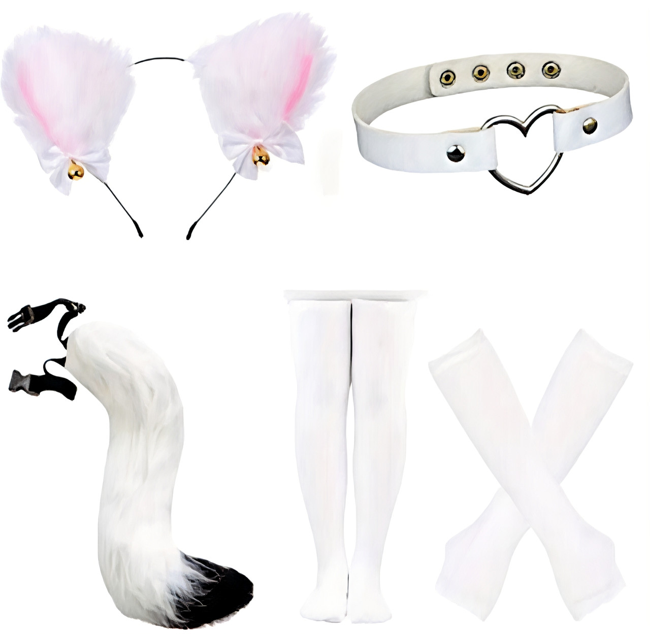 Набір для косплея дівчинка кішечка (обруч, рукавиці, чокер, хвіст, панчохи) білий, фото 1