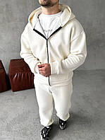 Чоловічий білий спортивний костюм зимовий на тринитці Зіпка Штани, Теплий спорт костюм білого кольору флісовий на блискавці