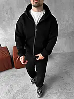 Чоловічий чорний спортивний костюм зимовий на тринитці Зіпка Штани, Теплий костюм чорного кольору флісовий на блискавці двійка