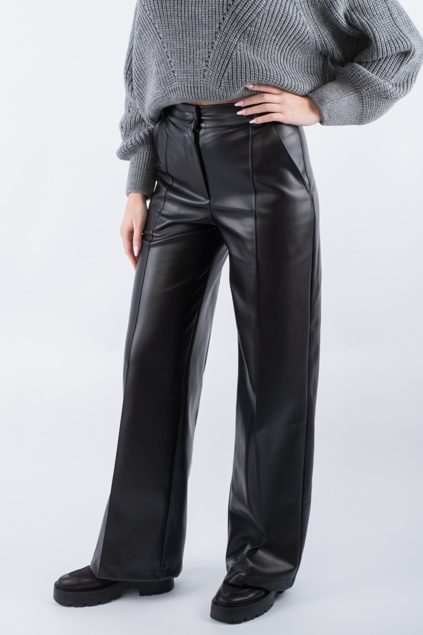 Брюки широкі зі швами екошкіра чорні 30012 (2000000156392), фото 1