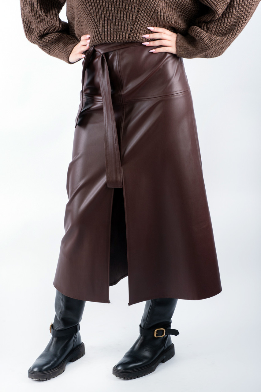 Спідниця максі з поясом екошкіра коричнева 81017 (2000000156620), фото 1