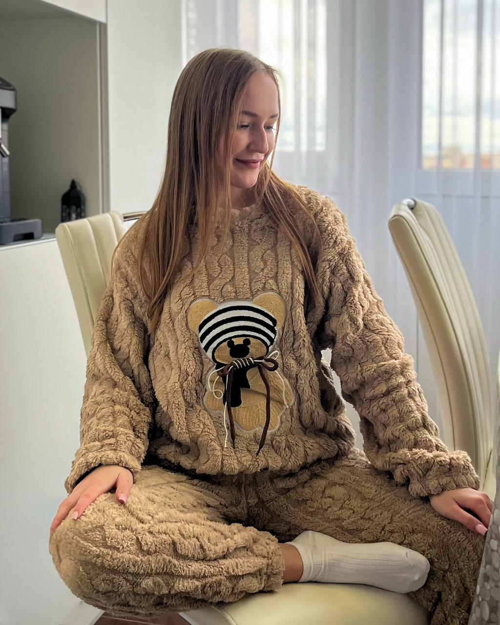 Махрова жіноча піжама з ведмедиком коричнева універсальний розмір S–M, фото 1