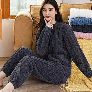 Піжама жаккардова мягкий махровий теплий комплект штани та кофта чорний розмір 42-46