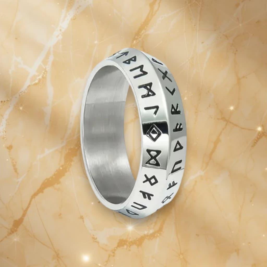 Каблучка срібляста з рунами оберіг вінтажний стиль 8мм титанова сталь для чоловіків і жінок 20 розмір IgnisFlos124, фото 1