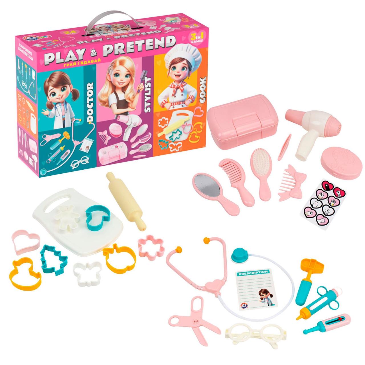 Гр Подарунковий набір 2277 (5) "Technok Toys", 3 в 1, стетоскоп, термометр, бланк рецептів, качалка, формочки, фен, щітка,