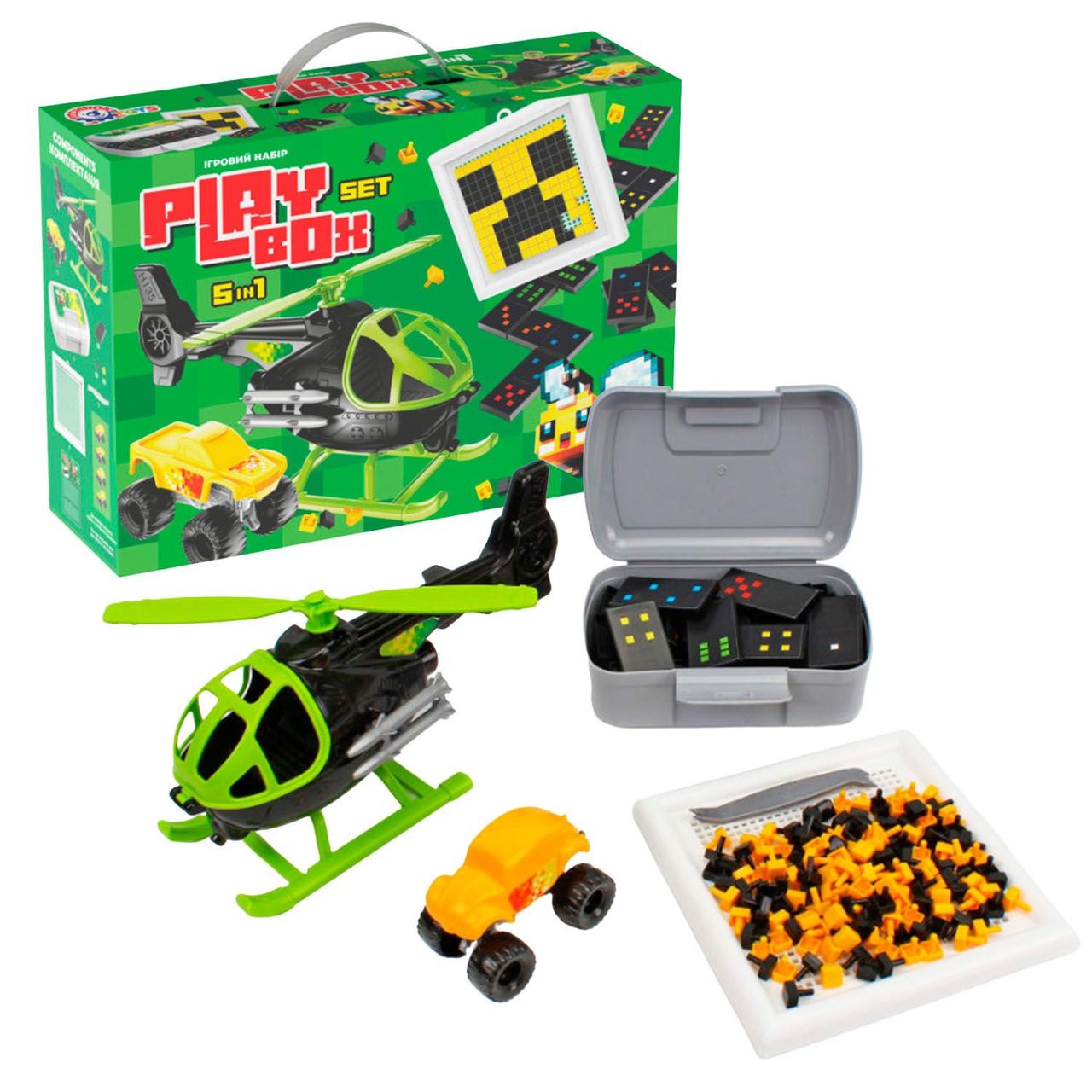 Гр Подарунковий набір 2871 (1) "Technok Toys", гвинтокрил, машинка-позашляховик, мозаїка, доміно, ланчбокс, в коробці