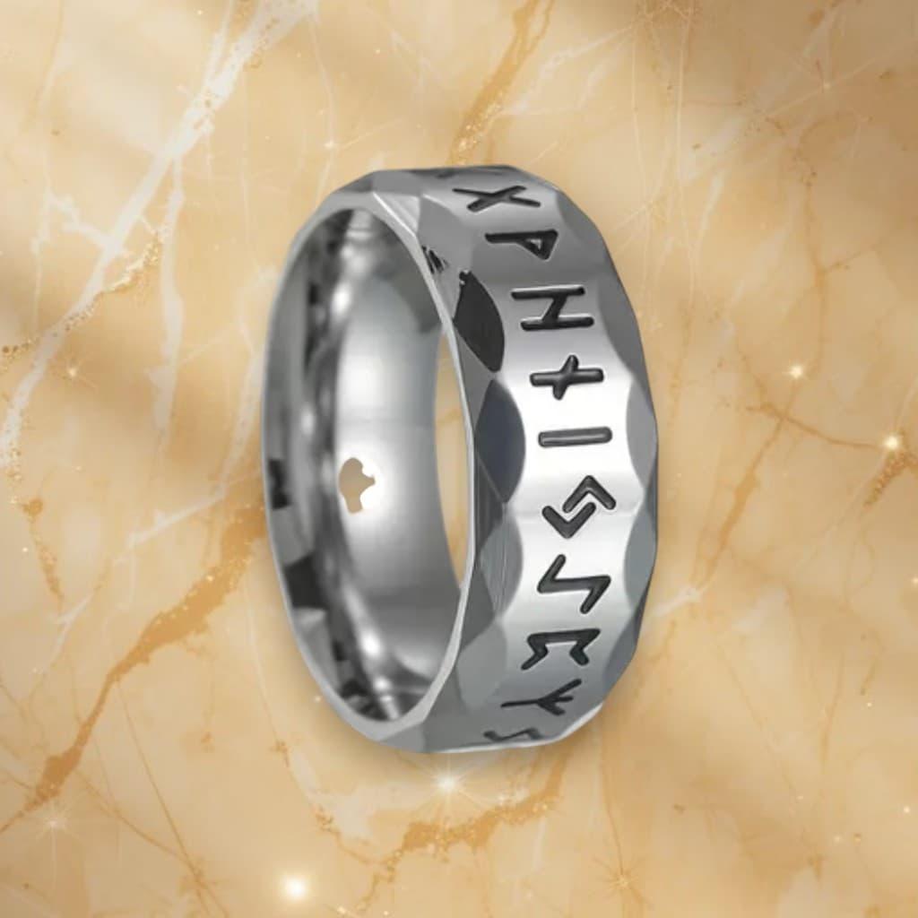 Каблучка срібляста з рунами оберіг ретро стиль 8мм титанова сталь для чоловіків і жінок 20 розмір IgnisFlos125, фото 1
