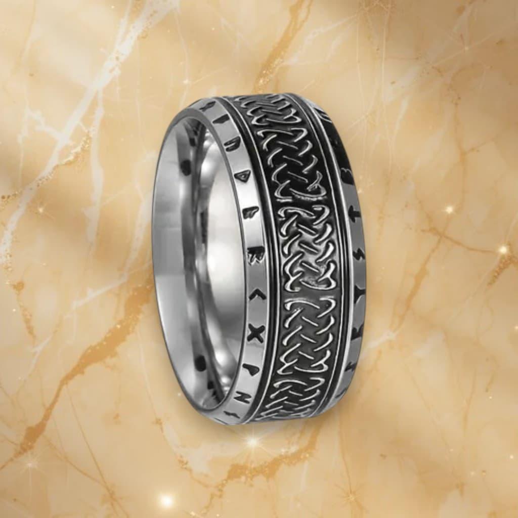 Каблучка срібляста з кельтськими рунами оберіг ретро стиль 8мм титанова сталь для чоловіків і жінок 20 розмір IgnisFlos126, фото 1