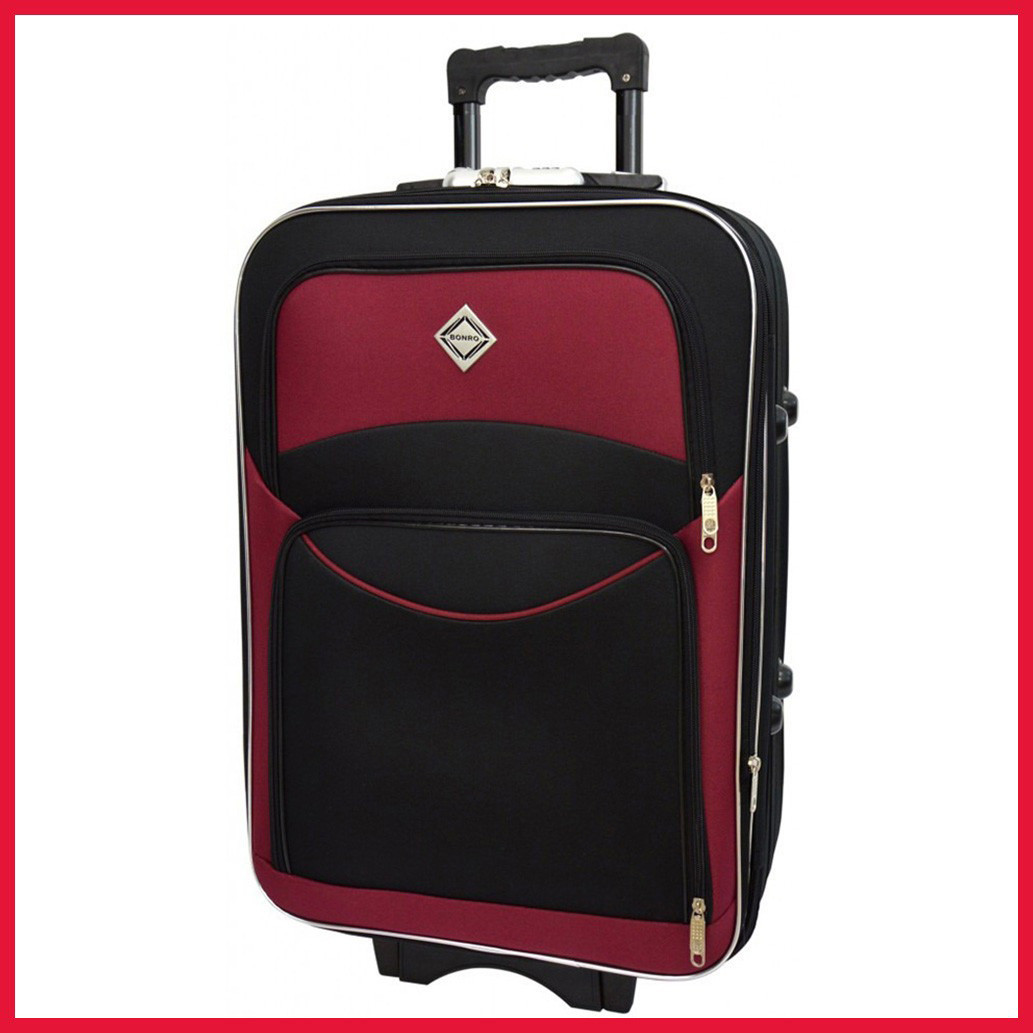 Валіза дорожня тканинна на колесах Bonro Style M середня чорно-вишнева з кодовим замком і висувною ручкою