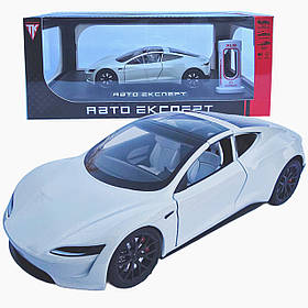 Машинка матал Tesla Roadster Тесла біла електро зарядка 1:24 звук світло 17*6,5*4,5см (RS-03612)