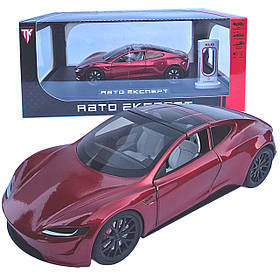 Машинка матал Tesla Roadster Тесла червона електро зарядка 1:24 звук світло 17*6,5*4,5см (RS-03612)