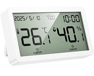 Термогігрометр HOCO HX42 з годинником, LCD дисплеєм, вимірюванням температури та вологості, настінний/настільний - White