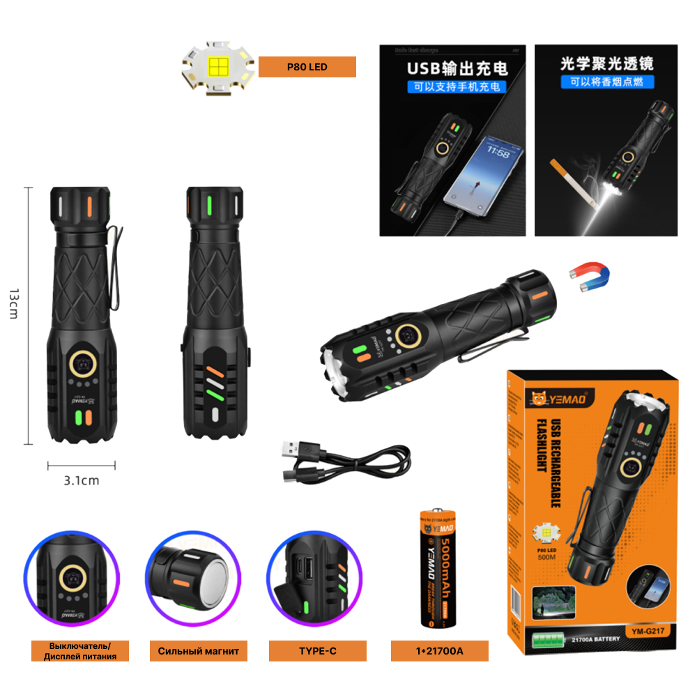 Ручний ліхтар YEMAO YM-G217, 2000LM, P80 LED, 1x21700 акум, TYPE-C, фото 1