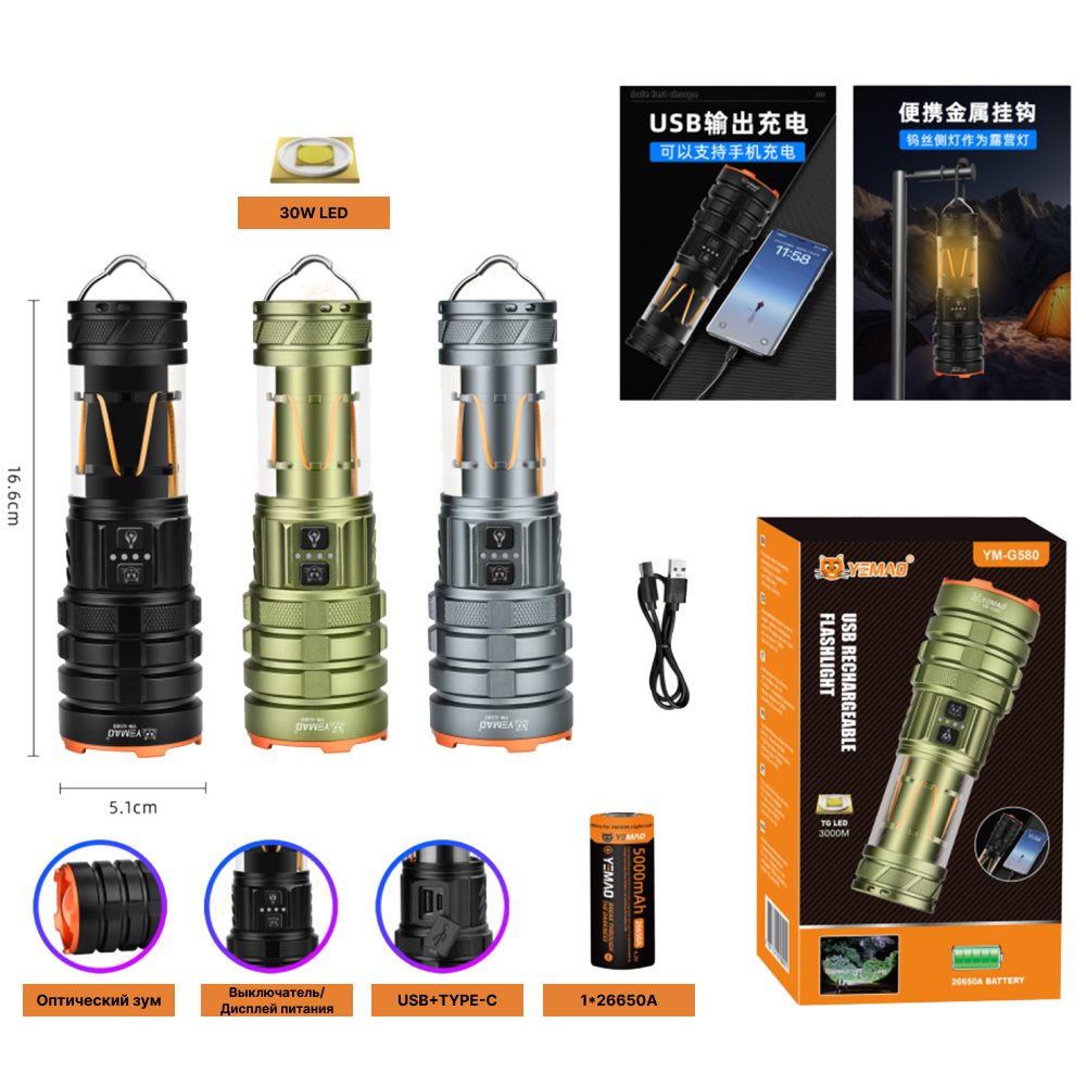 Ручний ліхтар YEMAO YM-G580, 2500LM, 30 W LED, 1*26650 акум, TYPE-C, фото 1