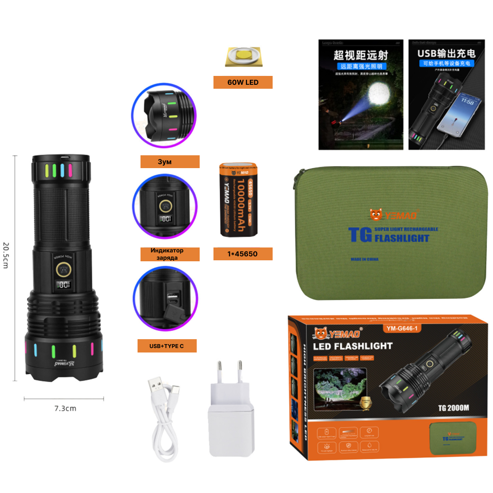 Ручний ліхтар YEMAO M-G646-1, 4000LM, 60 W LED, 1*46650 акум, TYPE-C, фото 1