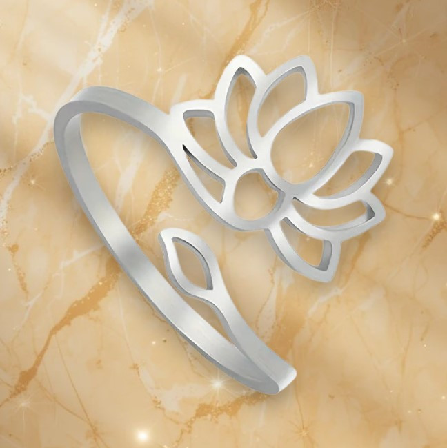 Каблучка срібляста богемний стиль лотос регульована нержавіюча сталь IgnisFlos945, фото 1