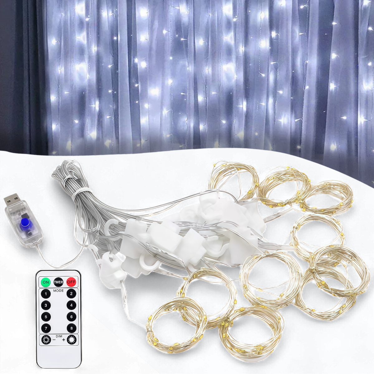 USB Світлодіодна гірлянда-штора "Роса" 3х2 метри 200 LED 8 режимів світіння Біле світло, фото 1