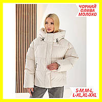 Модна жіноча зимова куртка батал молочного кольору з капюшоном, Якісна біла тепла куртка великих розмірів для повних зима